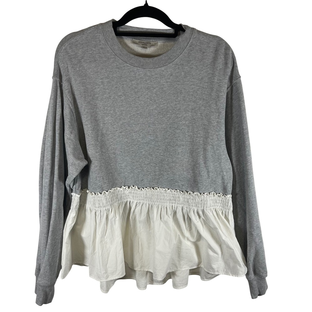 AllSaints Nio Sweat Grey White Ruffle Hem Peplum Sweatshirt Medium WM137R